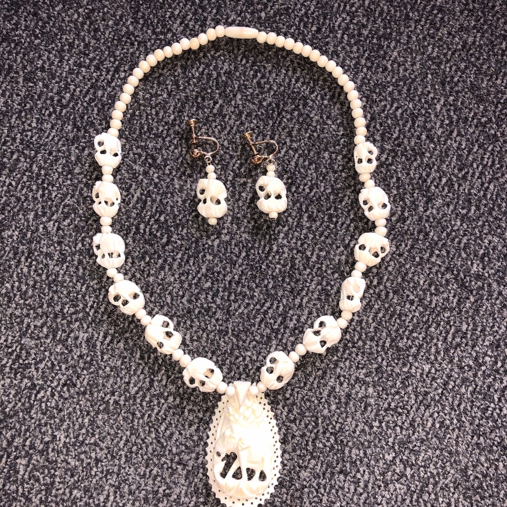 Vintage Celluloid Carved Elephant Necklace & Earri